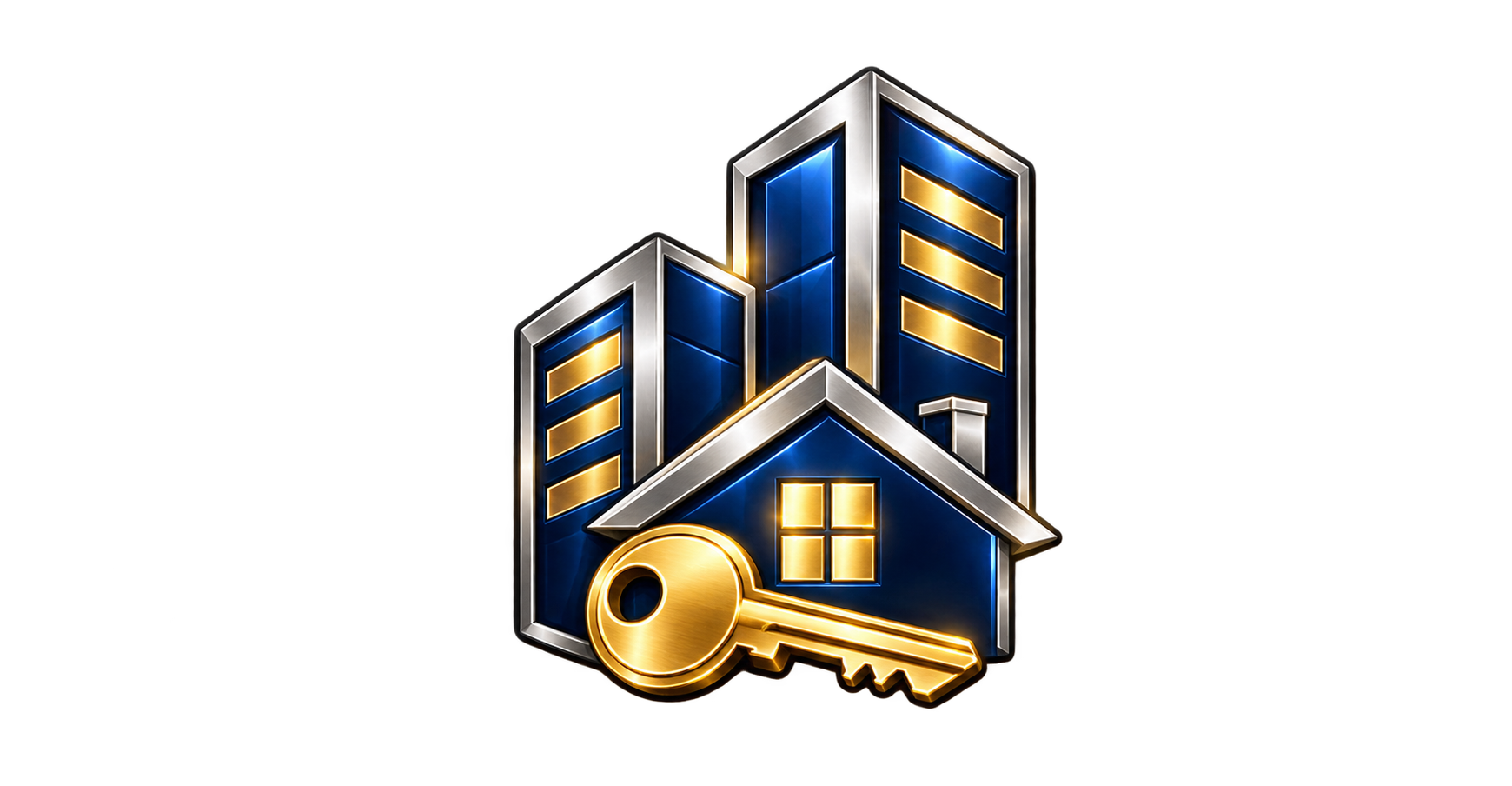 stylized real estate towers and gold key